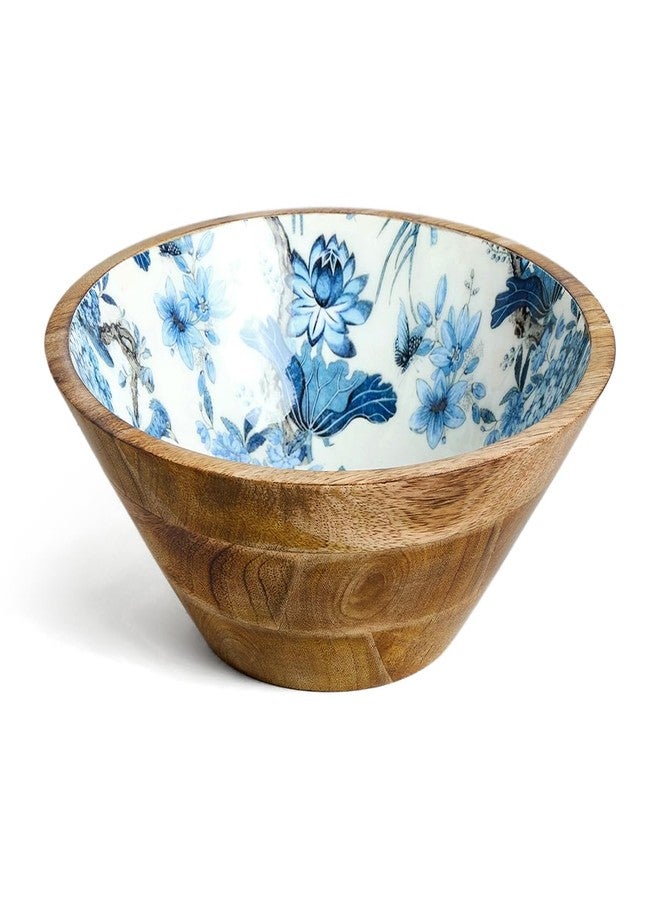 Saaga Mango Wood Salad Bowl for Home & Kitchen - 10 Inch X 4 Inch - Perfect Mixing Food, Fruit and Vegetables - White and Mazarine Blue - Image 1